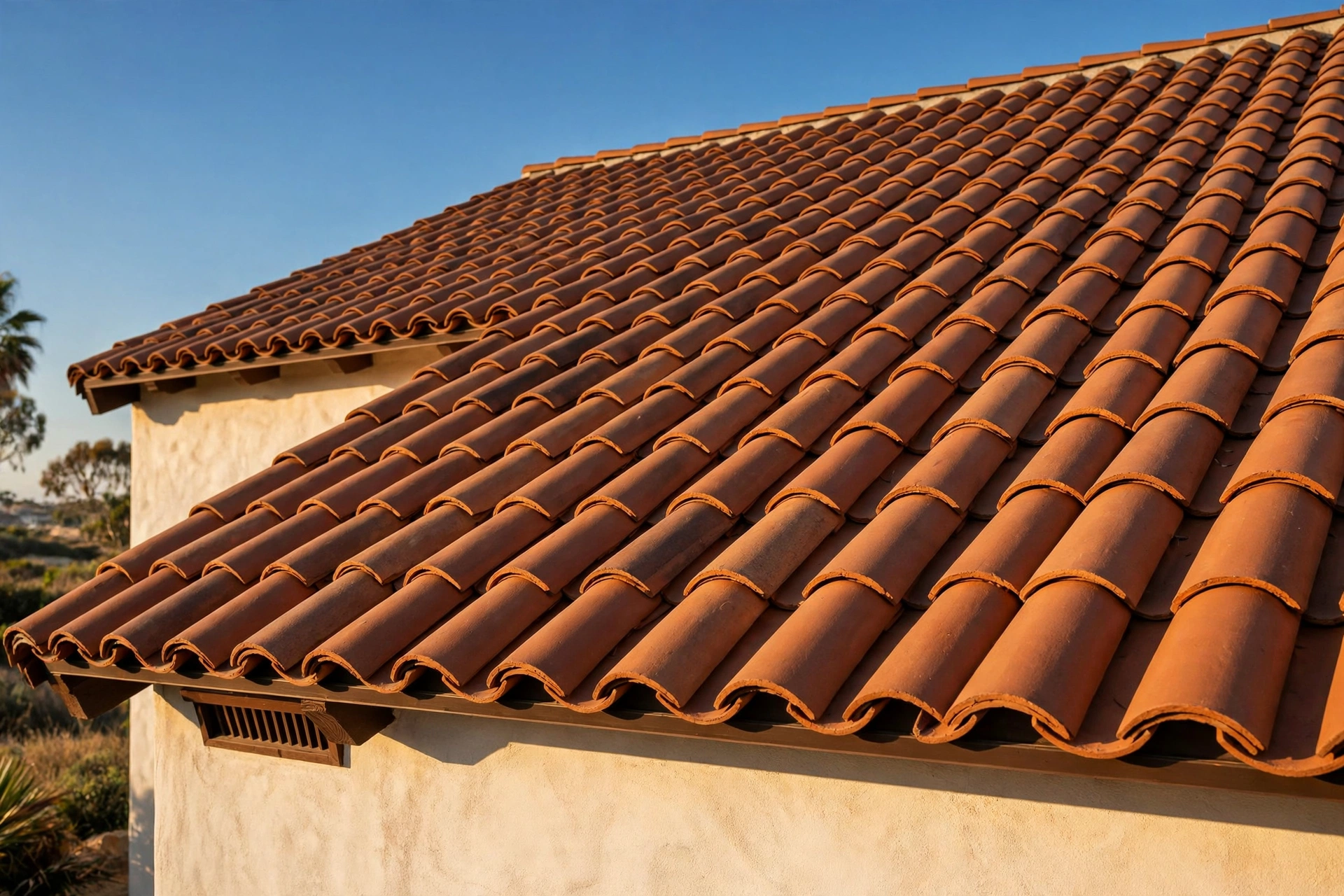 Rows of terracotta clay roof tiles on a coastal California home