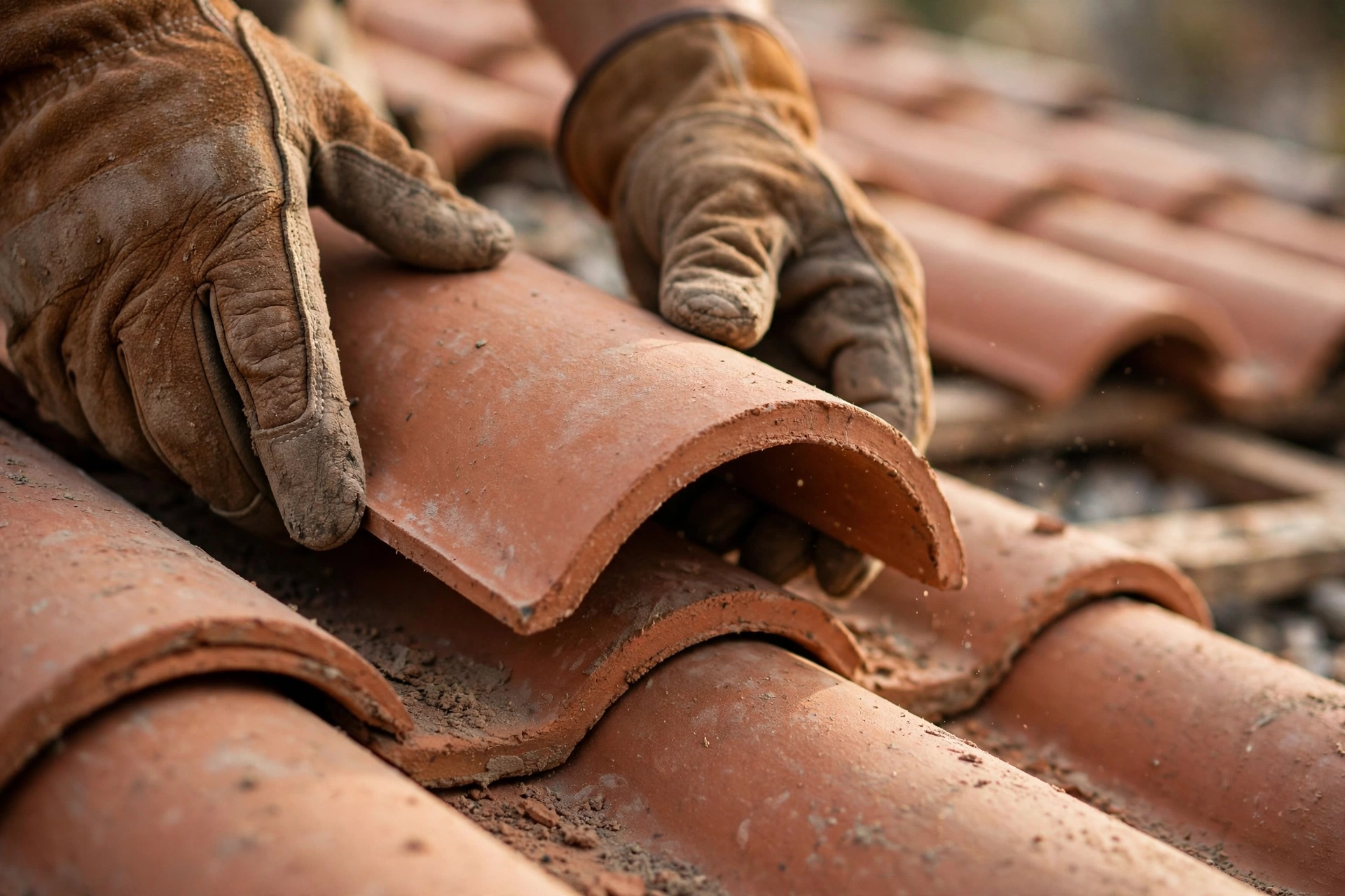 Roofer's hands setting a clay tile into place